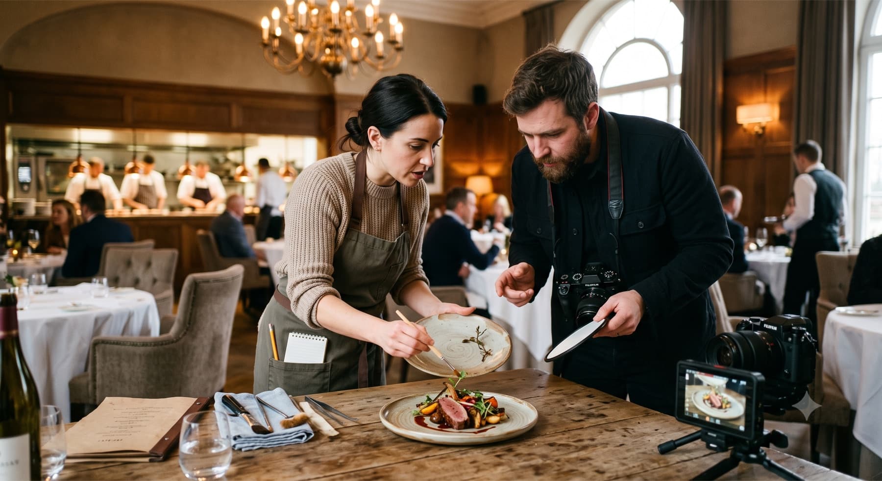 A food stylist and photographer styling and shooting a dish on-site