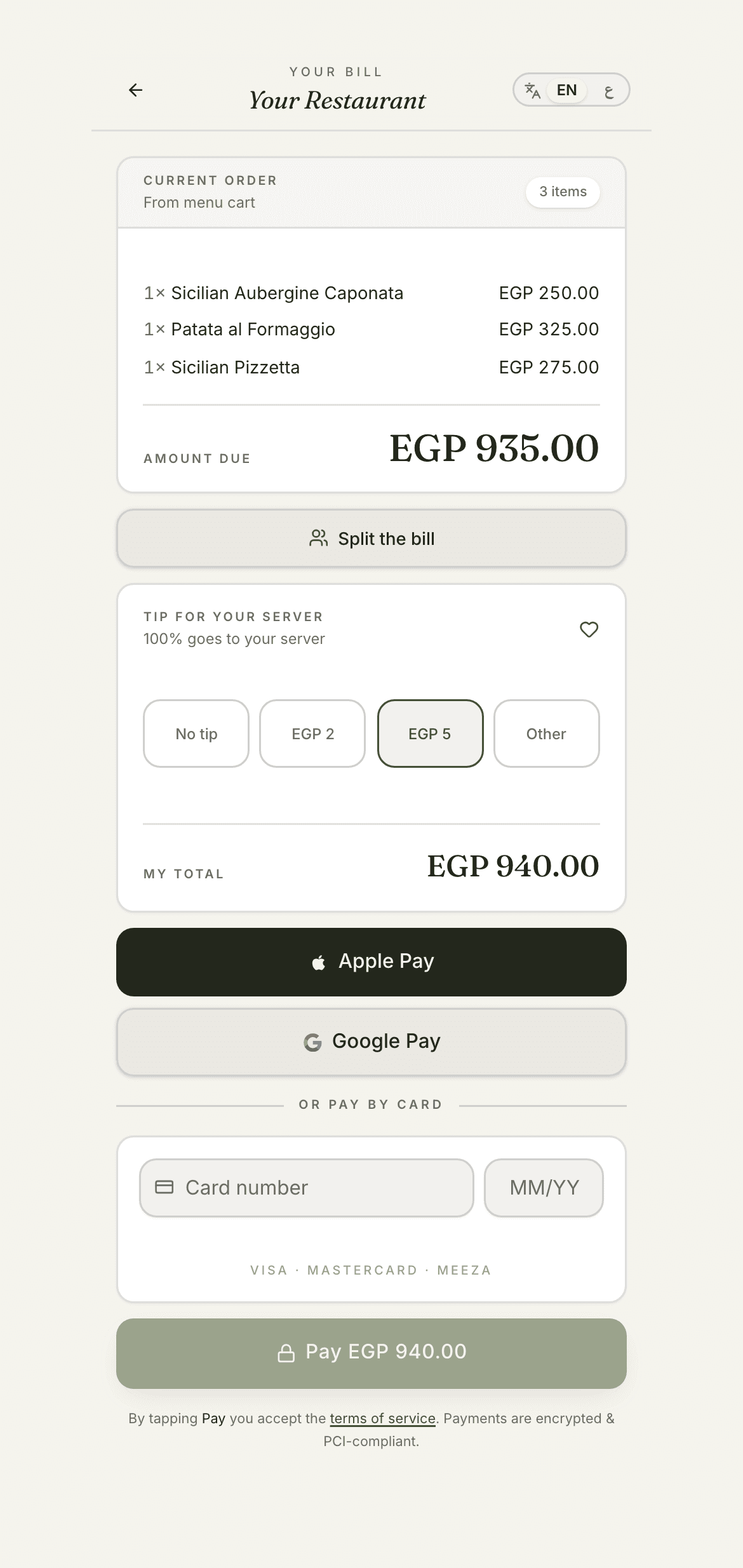 The Tybl bill screen on a guest's phone — order items, tip for the server, and Apple Pay ready to pay